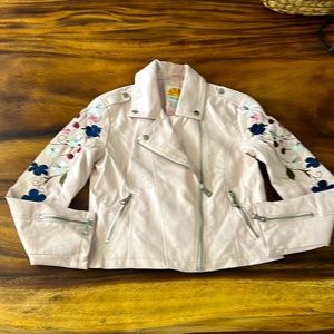GIRLS FAUX LEATHER SIZE 14 LIGHT PINK JACKET EMBROIDERED FLOWERS ON BOTH ARMS